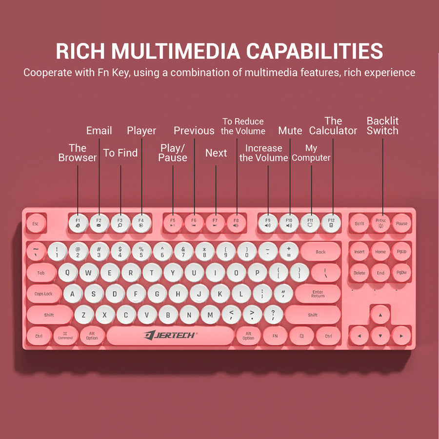 JERTECH Punk Multimedia Keyboard – USB Wired Retro-Style Keyboard with Round Keycaps