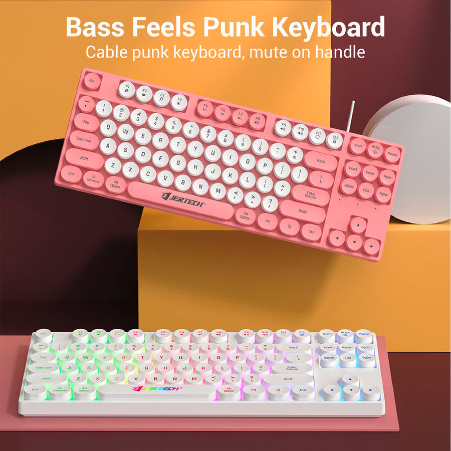 JERTECH Punk Multimedia Keyboard – USB Wired Retro-Style Keyboard with Round Keycaps