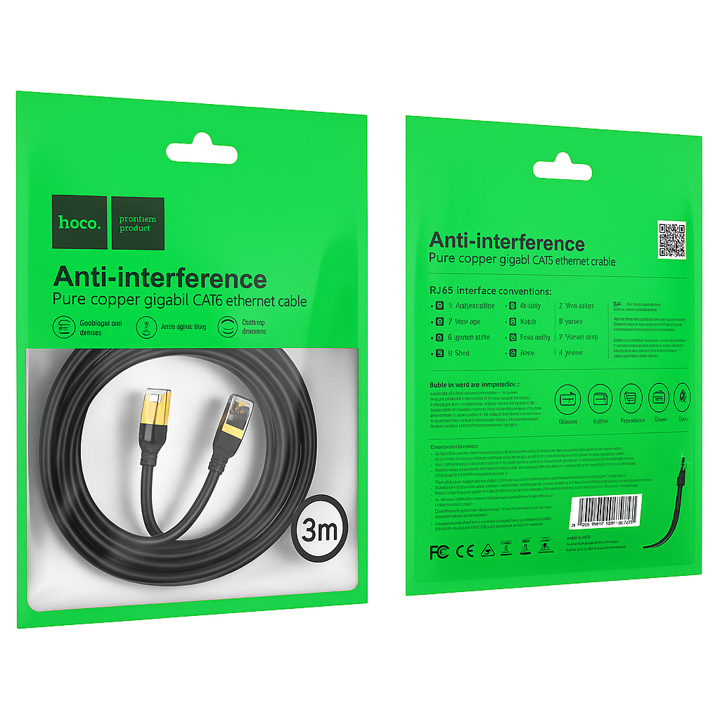 Hoco CAT 6 Ethernet Cable 1M – Gigabit LAN Network Cable with Anti-Interference Shielding for High-Speed Internet, PC, Router, and Gaming