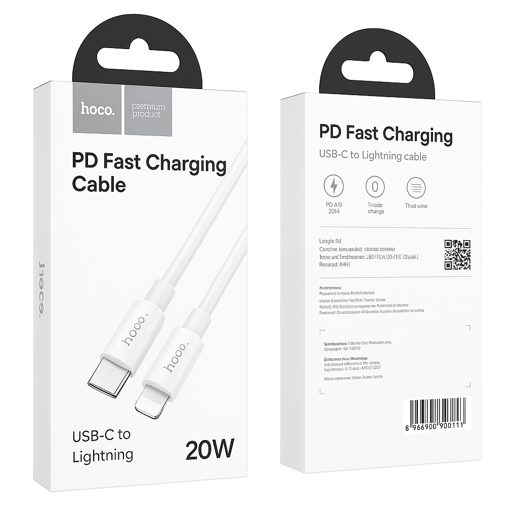Hoco Type-C to 8-Pin Fast Charging Cable White – 20W PD Quick Charge Data Cable for iPhone, iPad, and Apple Devices