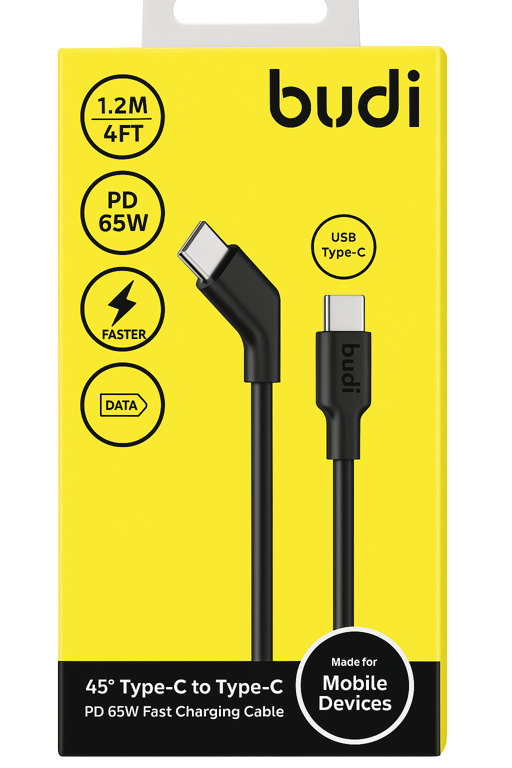 65W PD Fast Charging USB-C to USB-C 1.2M Cable – 45° Angled Connector Design