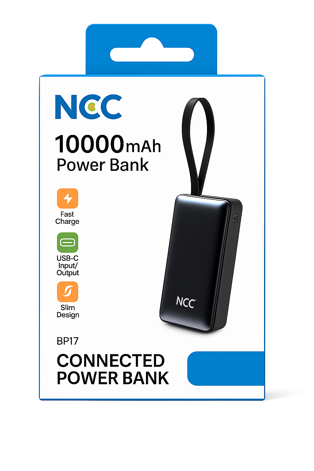 NCC 10000mAh Ultra Compact Fast Charging Power Bank | Built-In Cables
