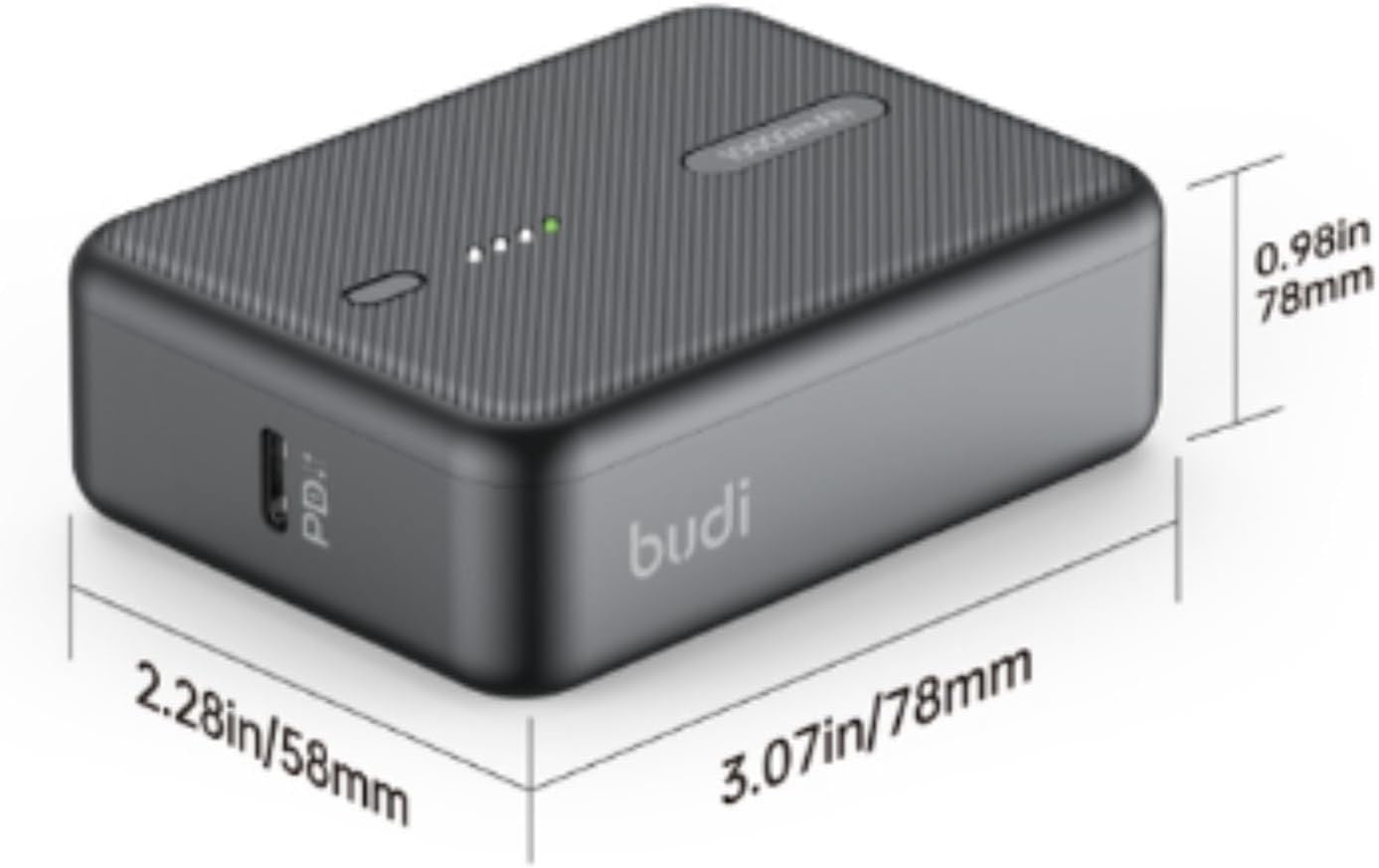 Budi Mini Power Bank – 10000mAh Compact PD Fast Charging Battery – USB-C Output – LED Indicator – Travel-Friendly – Black