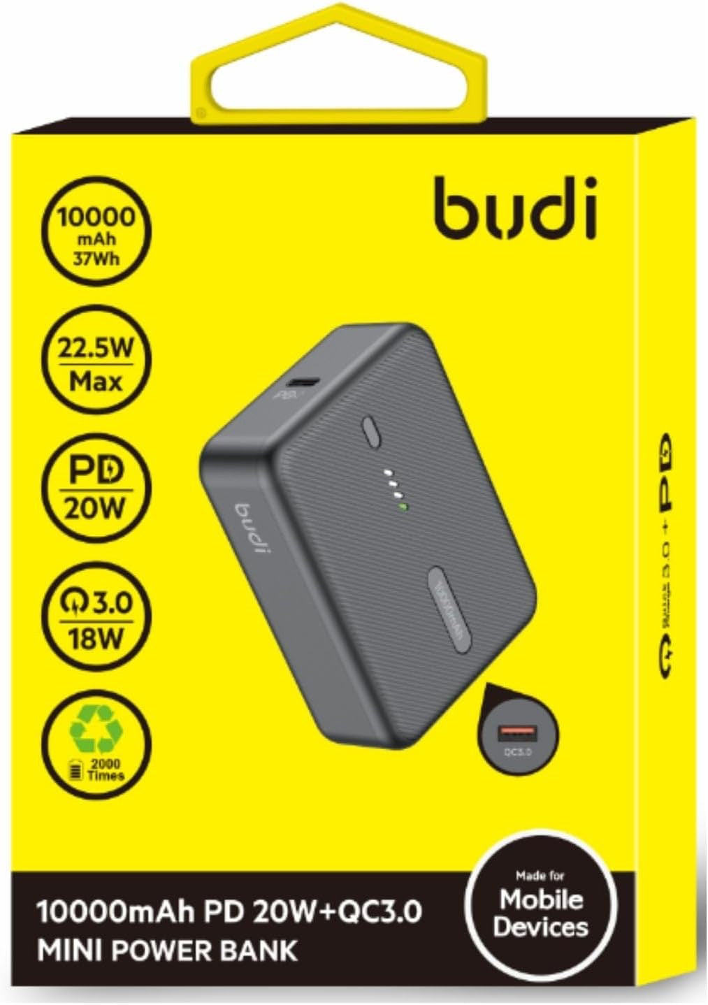 Budi Mini Power Bank – 10000mAh Compact PD Fast Charging Battery – USB-C Output – LED Indicator – Travel-Friendly – Black