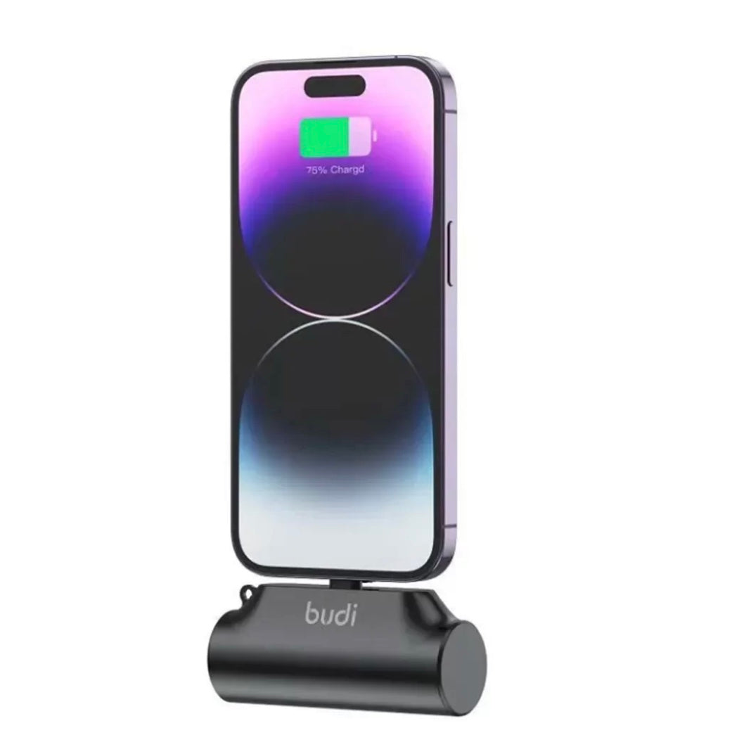 5000mAh Mini Power Bank – Fast Charge Portable Battery with Built-in 8-Pin Connector & Kickstand – Compact Travel Charger for Mobile Devices – Black