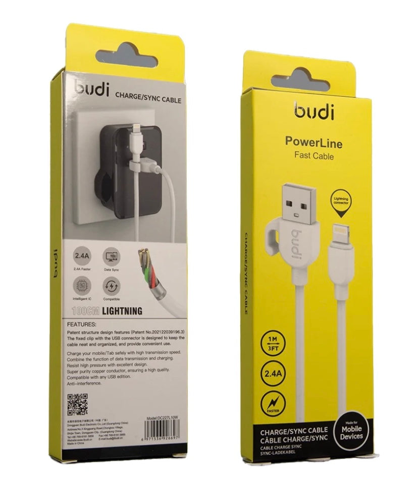 Budi USB-A to 8-Pin Charging Cable – Fast Sync & Durable Power Cord – 1M White –