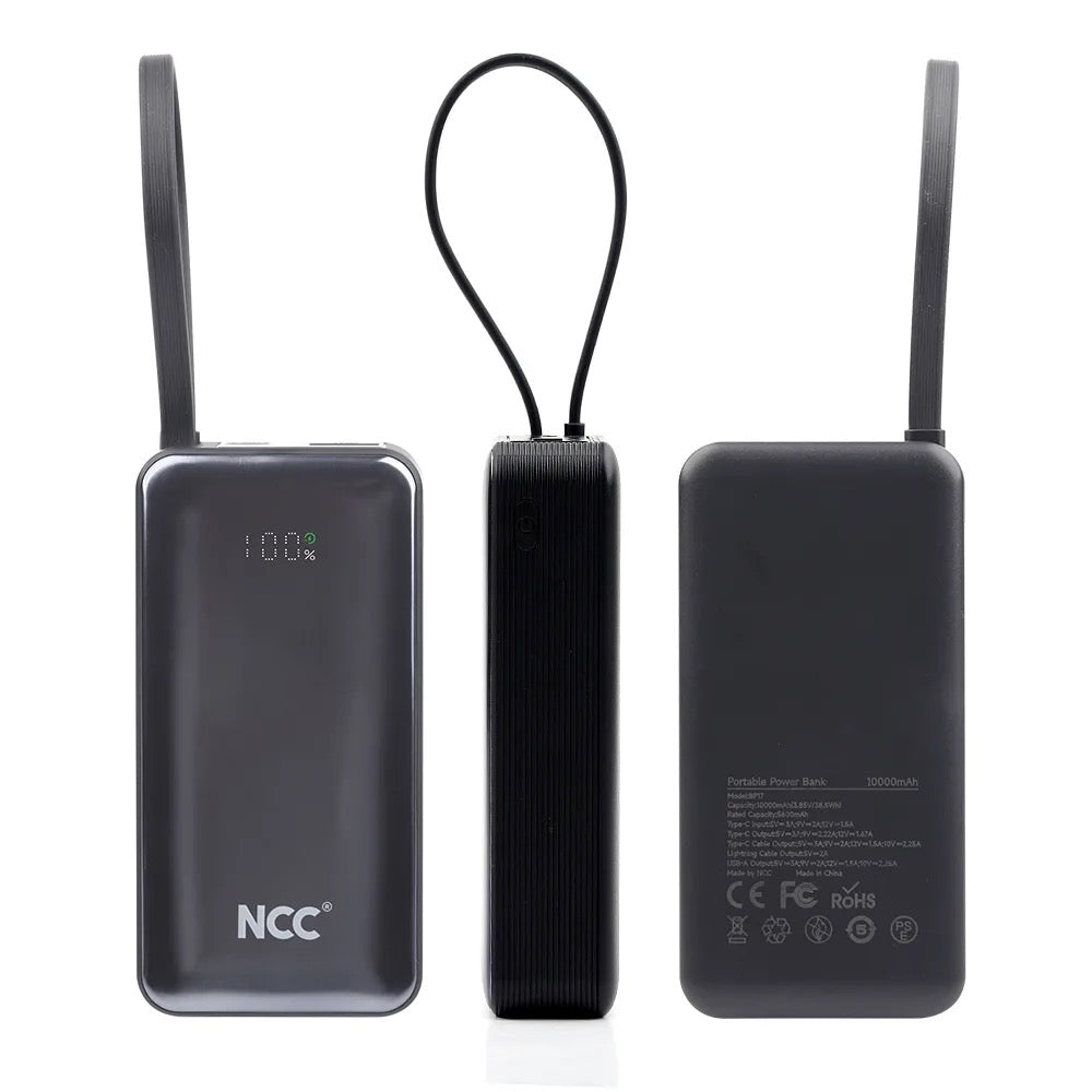 NCC 10000mAh Ultra Compact Fast Charging Power Bank | Built-In Cables