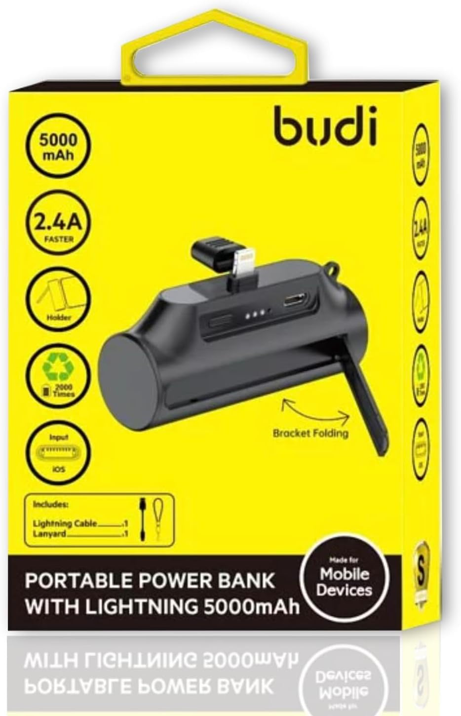 5000mAh Mini Power Bank – Fast Charge Portable Battery with Built-in 8-Pin Connector & Kickstand – Compact Travel Charger for Mobile Devices – Black