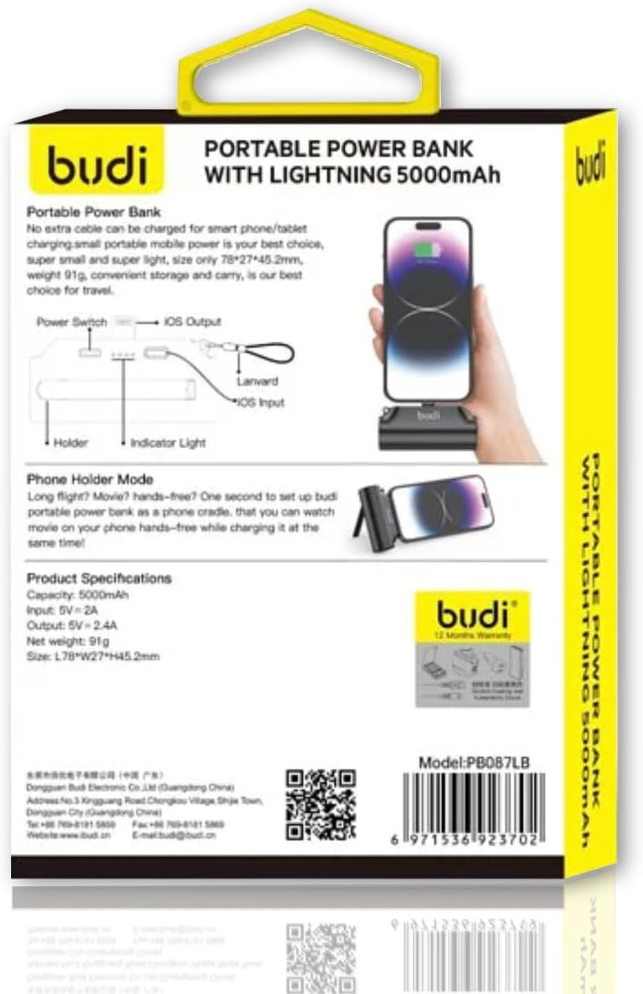 5000mAh Mini Power Bank – Fast Charge Portable Battery with Built-in 8-Pin Connector & Kickstand – Compact Travel Charger for Mobile Devices – Black