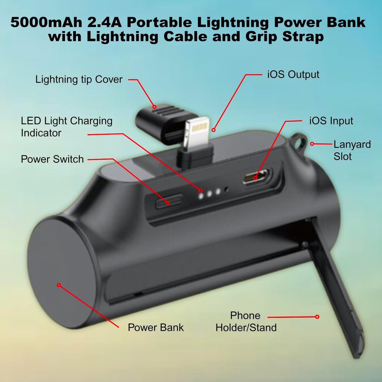 5000mAh Mini Power Bank – Fast Charge Portable Battery with Built-in 8-Pin Connector & Kickstand – Compact Travel Charger for Mobile Devices – Black