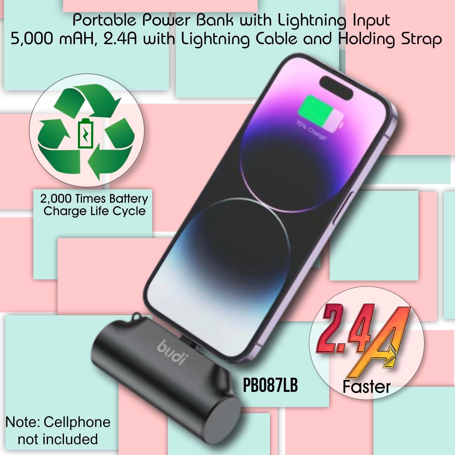 5000mAh Mini Power Bank – Fast Charge Portable Battery with Built-in 8-Pin Connector & Kickstand – Compact Travel Charger for Mobile Devices – Black