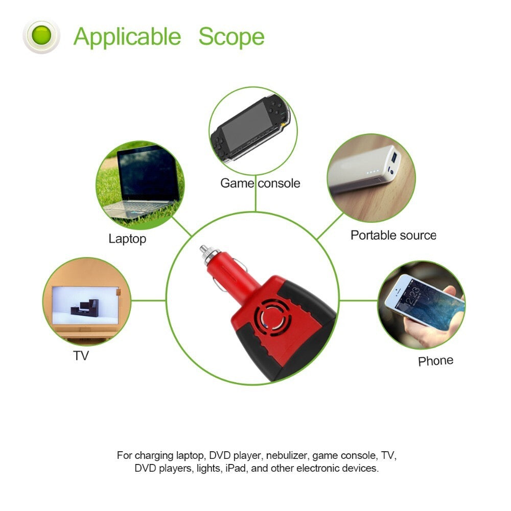 150W Car Power Inverter – 12V DC to 110V/220V AC + USB Output