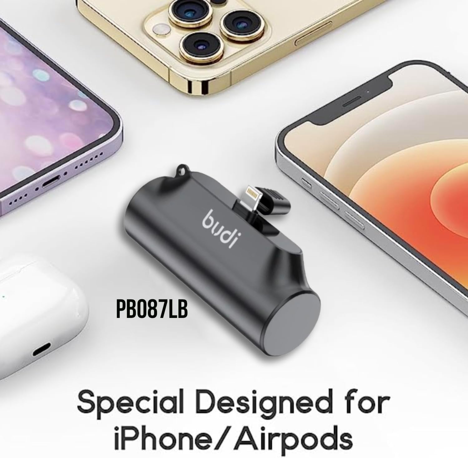 5000mAh Mini Power Bank – Fast Charge Portable Battery with Built-in 8-Pin Connector & Kickstand – Compact Travel Charger for Mobile Devices – Black