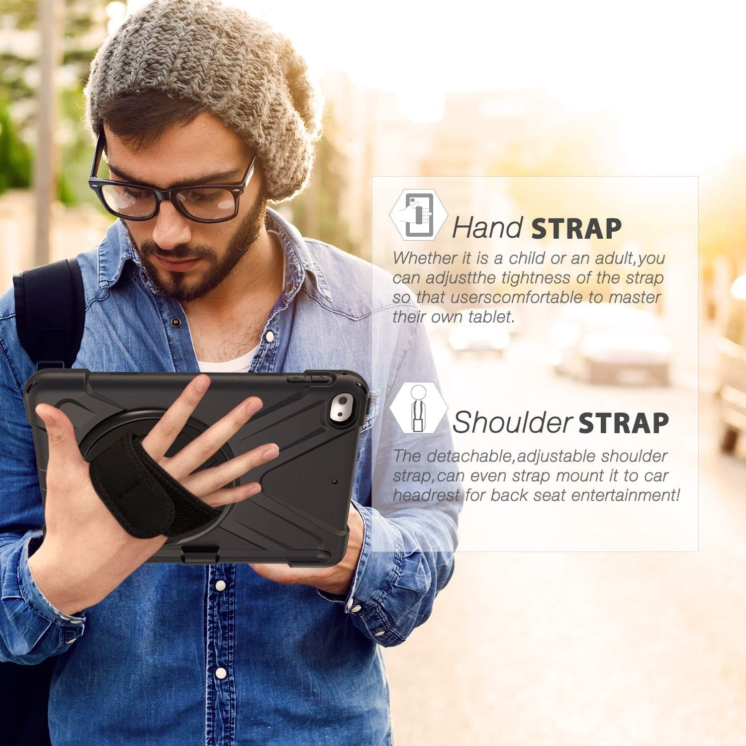 Rugged Case for iPad Mini 4 / Mini 5 with 360° Rotating Hand Strap and Kickstand – Full Protection