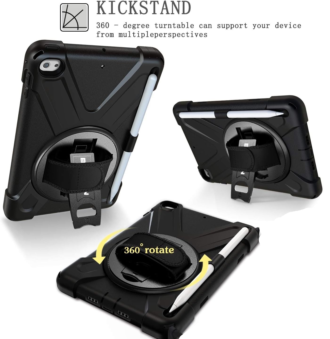 Rugged Case for iPad Mini 4 / Mini 5 with 360° Rotating Hand Strap and Kickstand – Full Protection