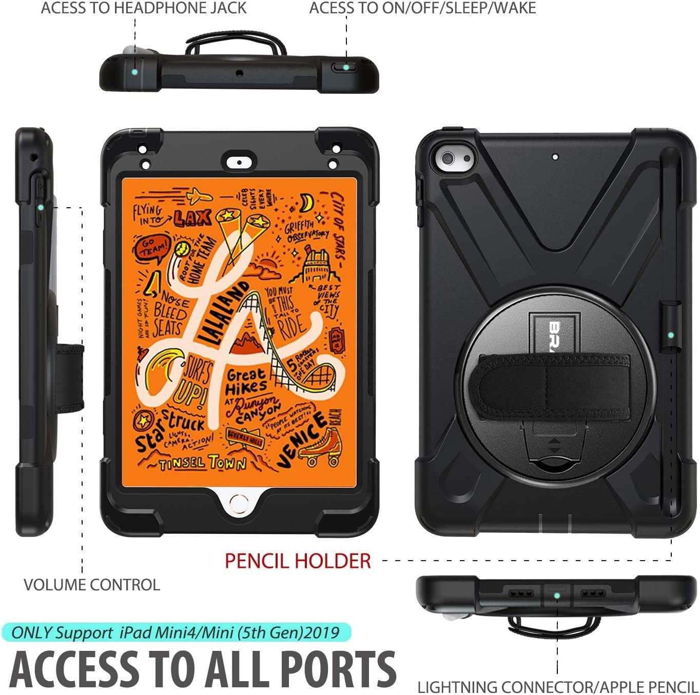 Rugged Case for iPad Mini 4 / Mini 5 with 360° Rotating Hand Strap and Kickstand – Full Protection