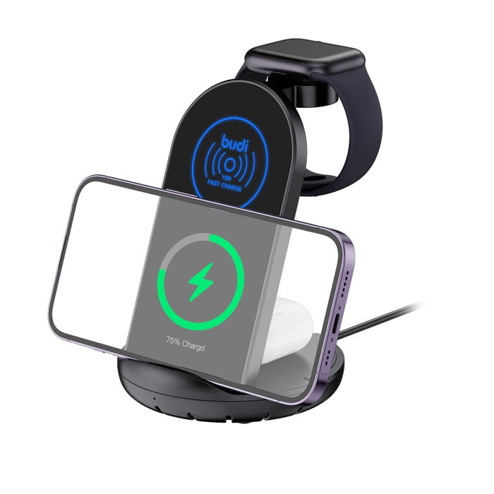 3-in-1 Rotating Wireless Charging Stand | 15W Fast Charger for iPhone, Apple Watch & AirPods