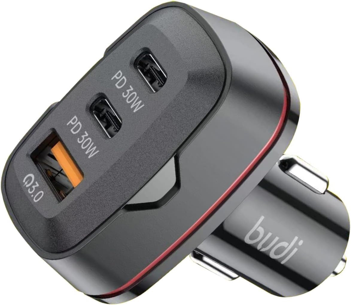 Budi 60W Car Charger | Dual USB-C PD 30W + QC 3.0 Fast Charging Adapter for Phone, Tablet, Laptop & Dash Cam