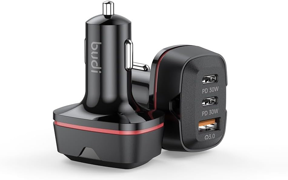 Budi 60W Car Charger | Dual USB-C PD 30W + QC 3.0 Fast Charging Adapter for Phone, Tablet, Laptop & Dash Cam