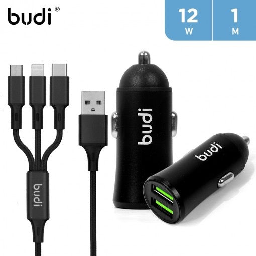 Budi Dual USB Car Charger with 3-in-1 Cable | 12W Fast Charging Adapter for iPhone, Android & USB-C Devices