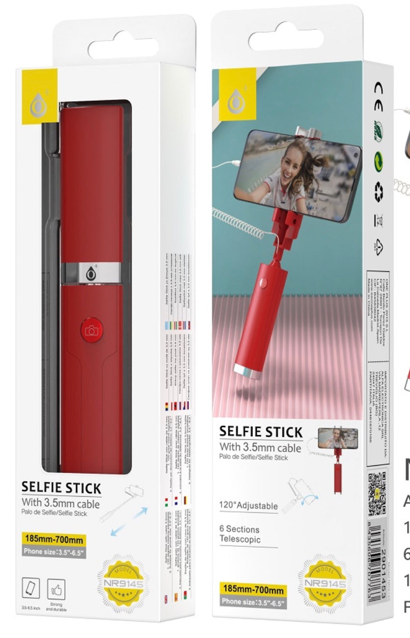Wired Selfie Stick with 3.5mm Cable – 6-Section Telescopic, 700mm Max, 120° Adjustable