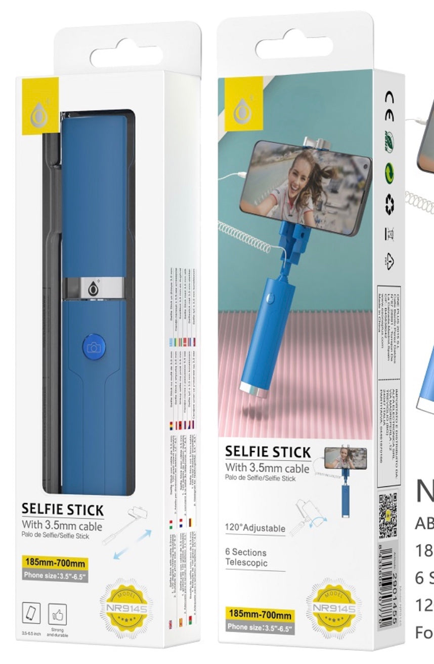 Wired Selfie Stick with 3.5mm Cable – 6-Section Telescopic, 700mm Max, 120° Adjustable