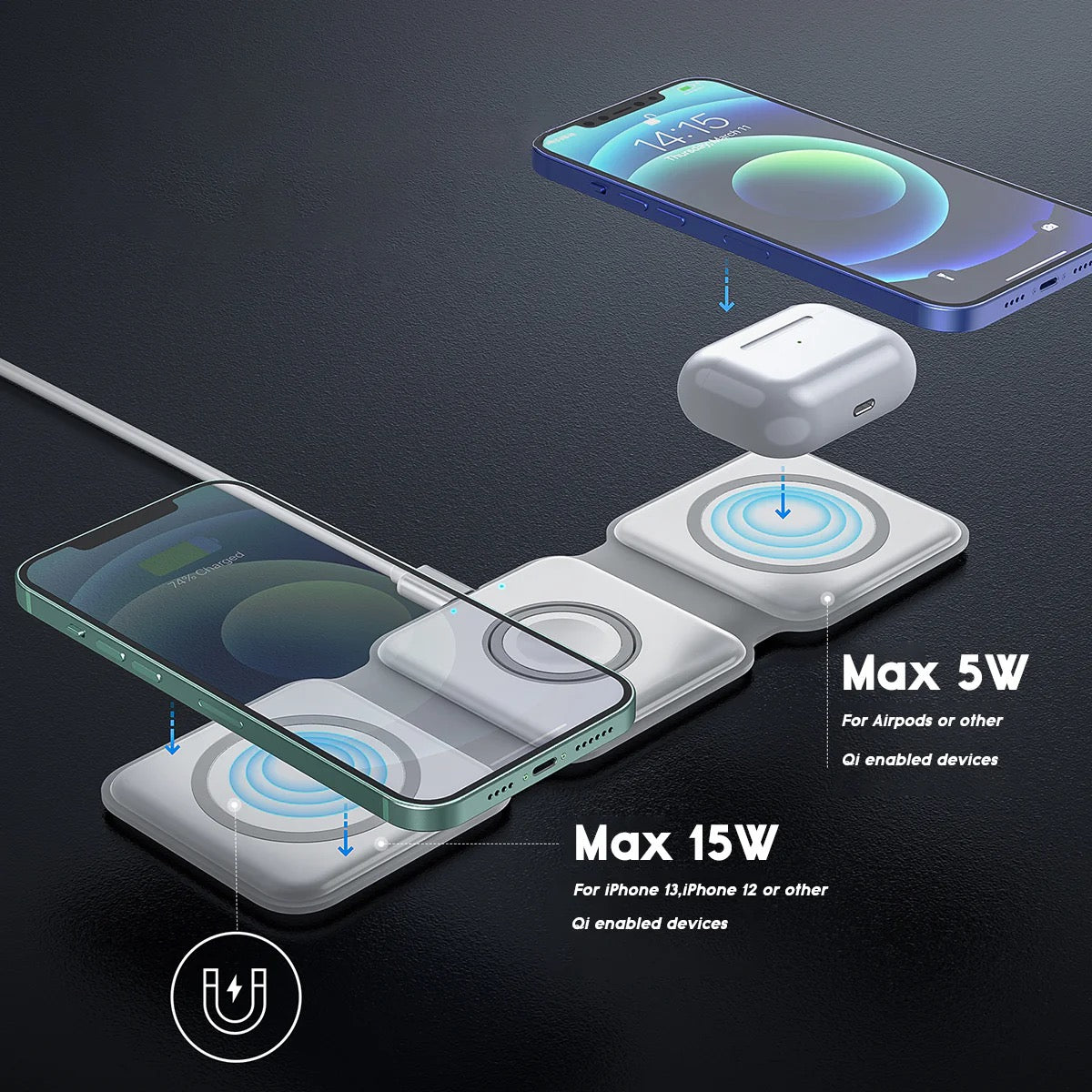 3-in-1 Magnetic Wireless Charger – Fast Charge for Phone, Watch & Earbuds