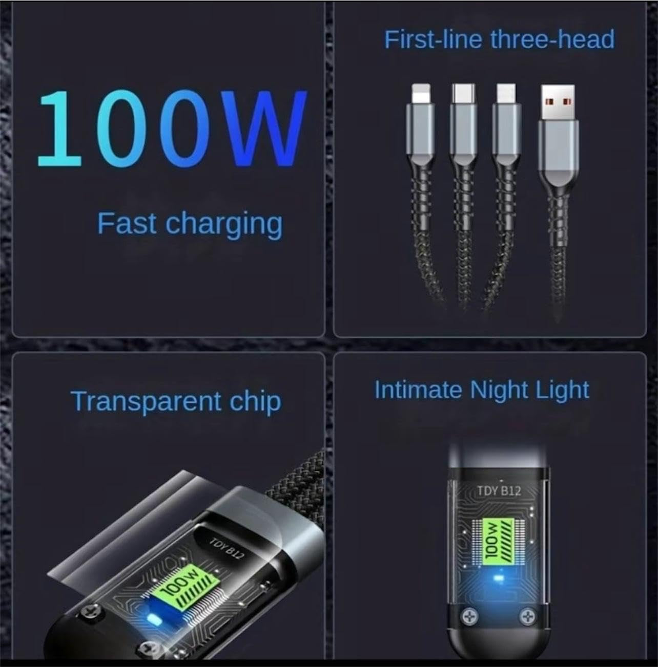 100W 3-in-1 Fast Charging Cable – USB to Lightning, Micro USB & Type-C