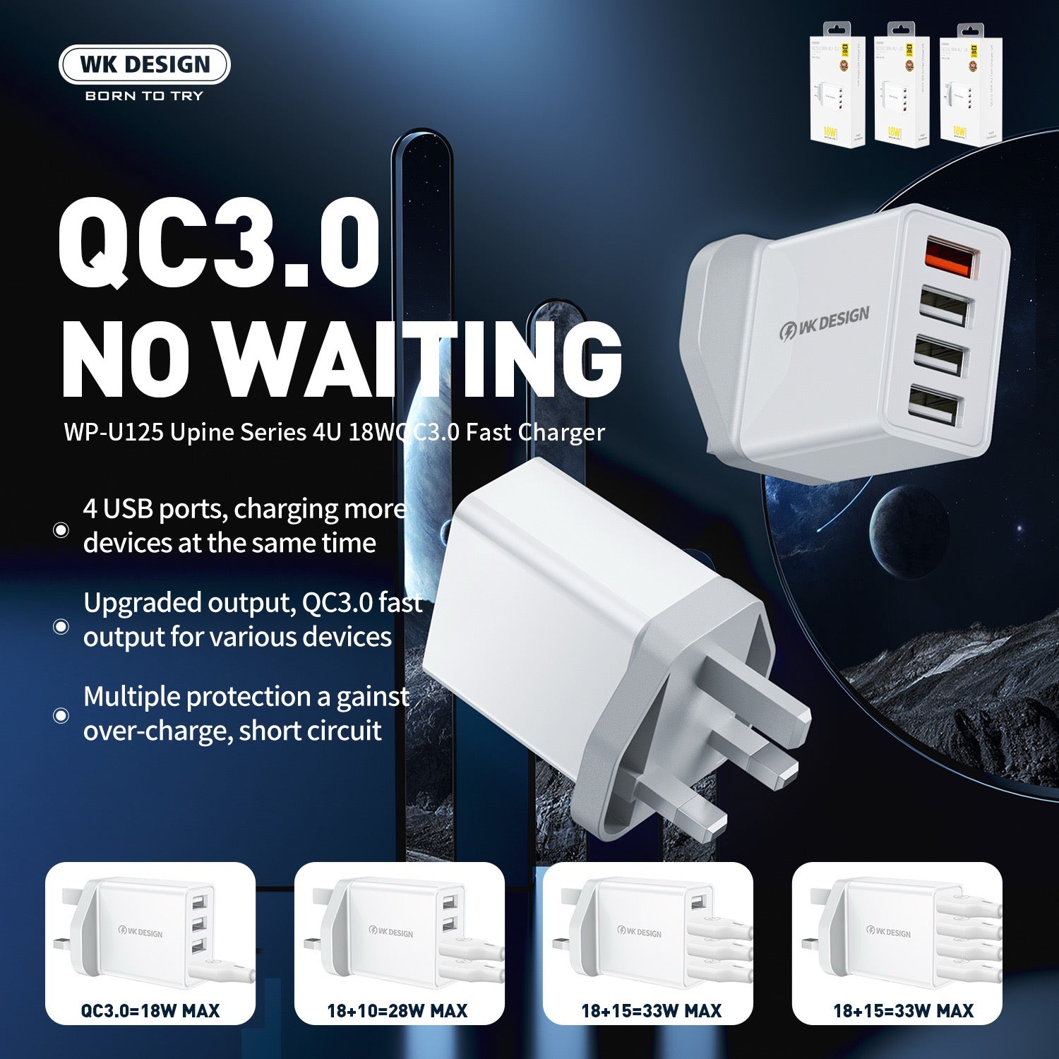 QC3.0 18W 4-Port USB Fast Charger – Multi-Device Wall Adapter with Smart Charging