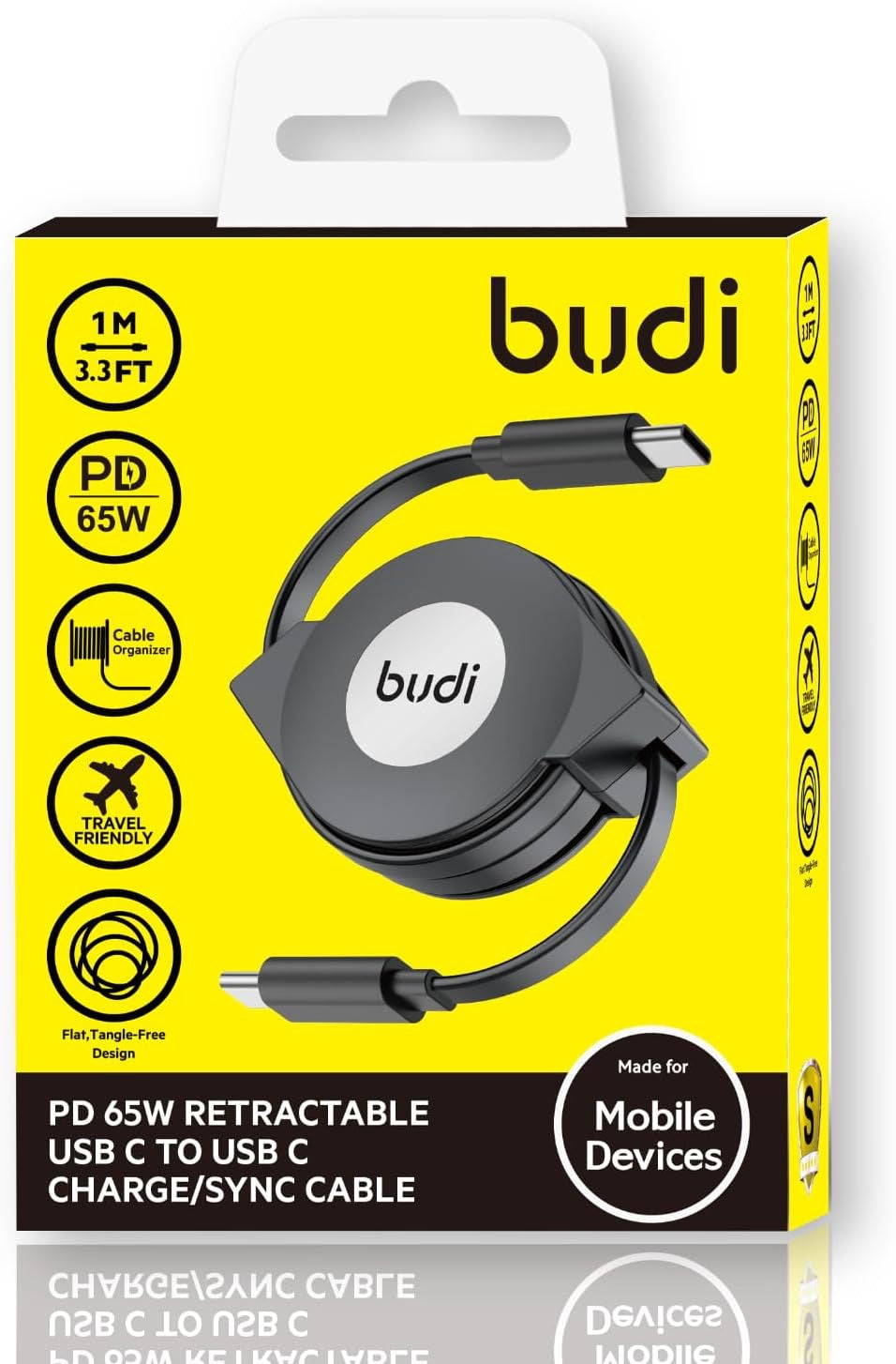 Budi Retractable USB-C to USB-C Cable – Fast Charge & Data Sync – 1M Compact Travel Cord – Tangle-Free Round Case – Black
