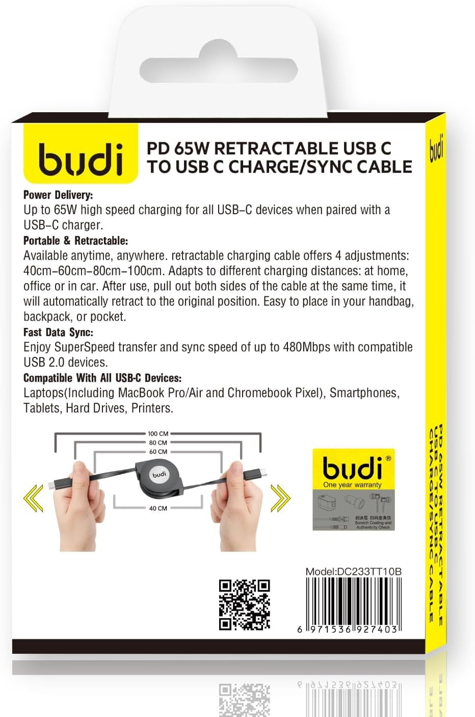 Budi Retractable USB-C to USB-C Cable – Fast Charge & Data Sync – 1M Compact Travel Cord – Tangle-Free Round Case – Black