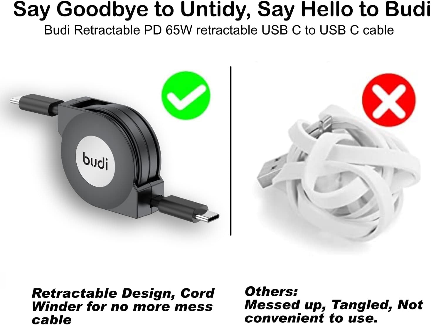 Budi Retractable USB-C to USB-C Cable – Fast Charge & Data Sync – 1M Compact Travel Cord – Tangle-Free Round Case – Black