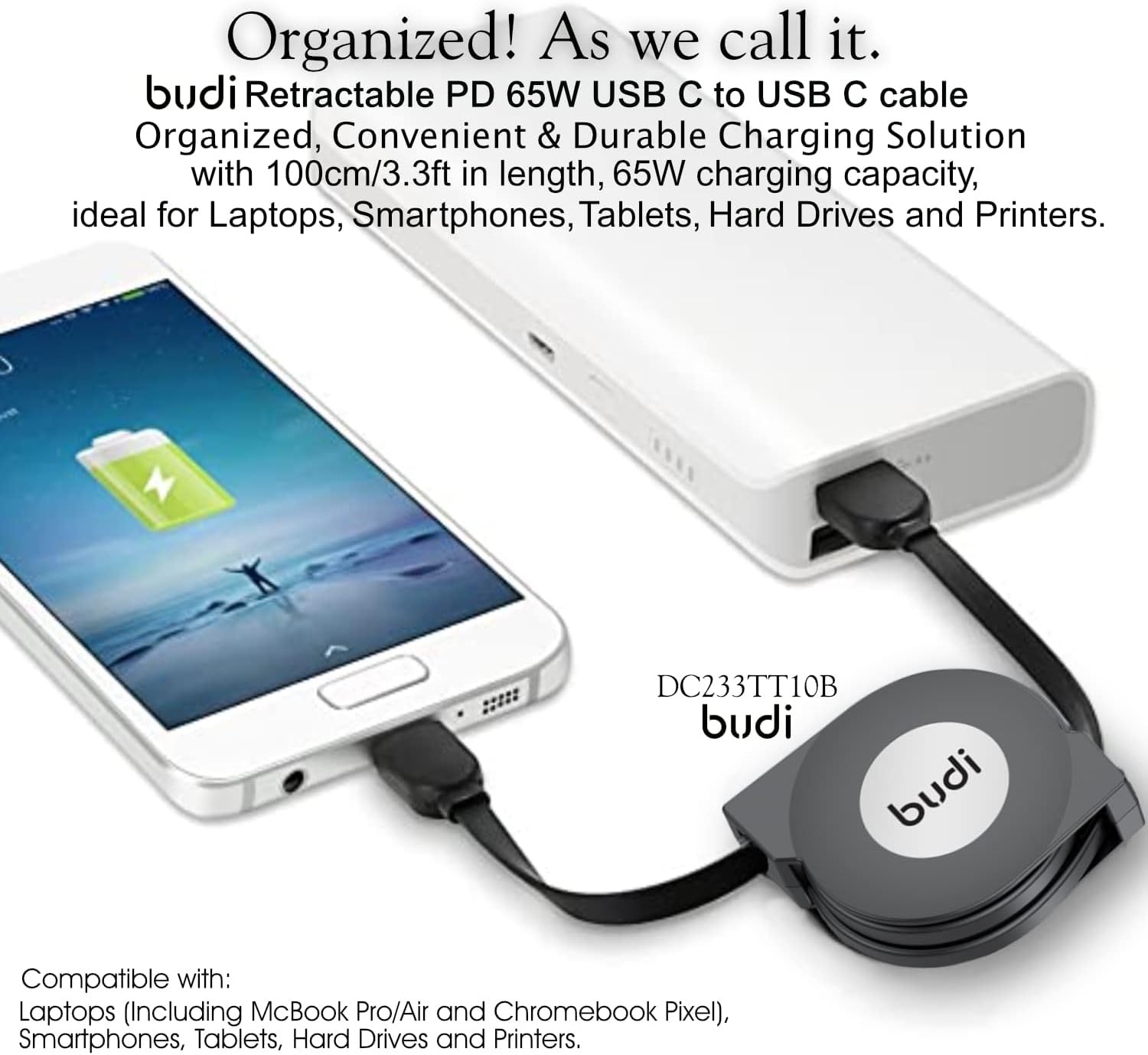 Budi Retractable USB-C to USB-C Cable – Fast Charge & Data Sync – 1M Compact Travel Cord – Tangle-Free Round Case – Black