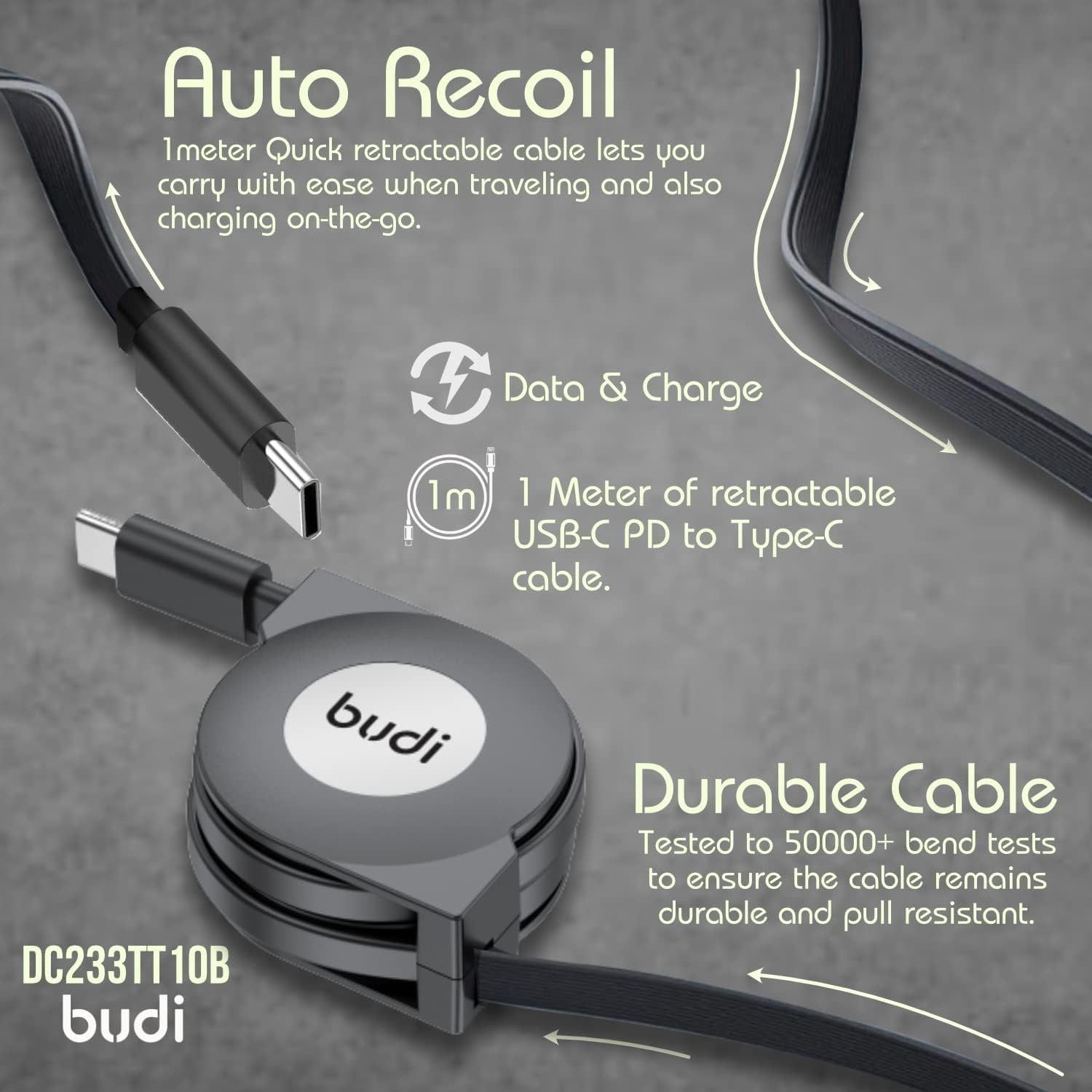 Budi Retractable USB-C to USB-C Cable – Fast Charge & Data Sync – 1M Compact Travel Cord – Tangle-Free Round Case – Black