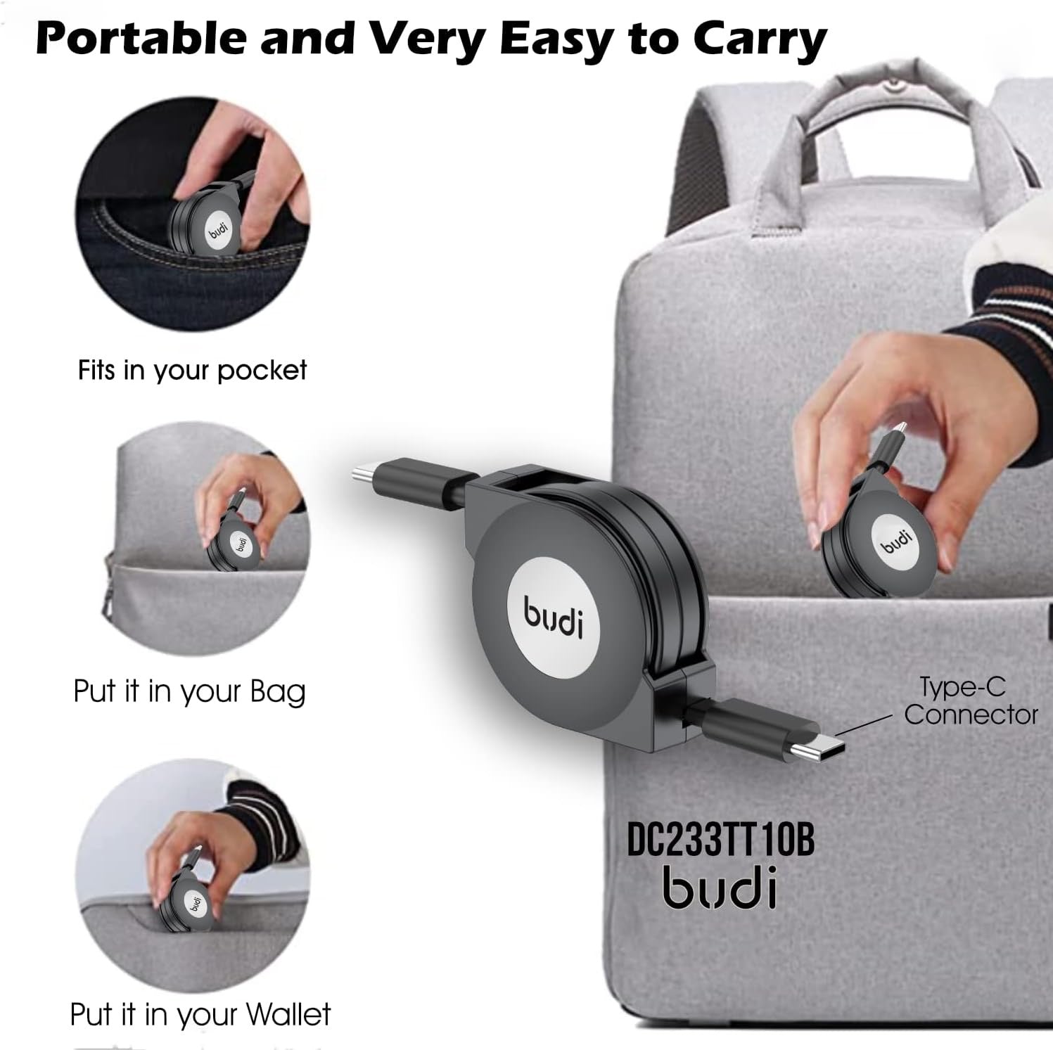 Budi Retractable USB-C to USB-C Cable – Fast Charge & Data Sync – 1M Compact Travel Cord – Tangle-Free Round Case – Black