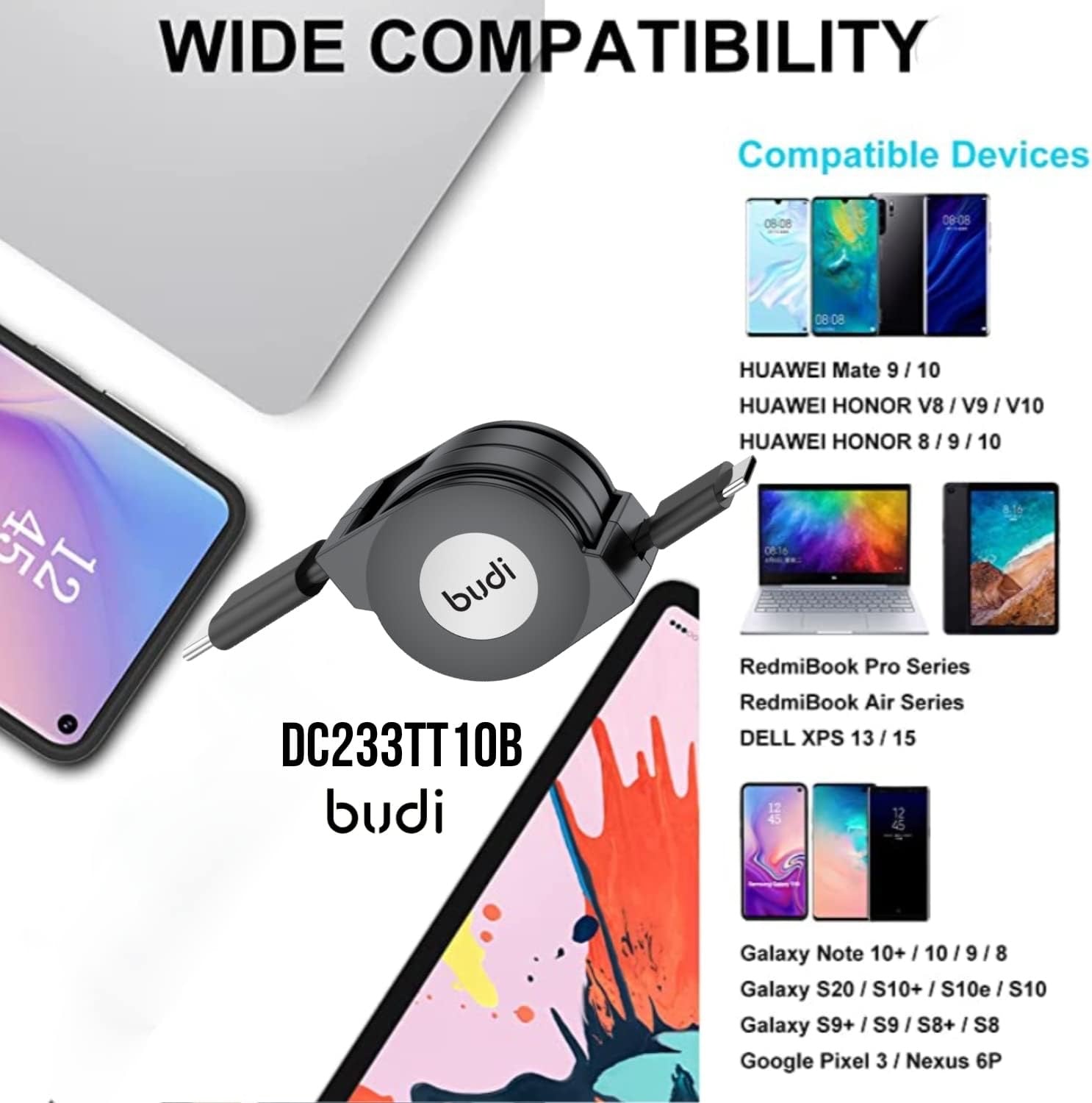 Budi Retractable USB-C to USB-C Cable – Fast Charge & Data Sync – 1M Compact Travel Cord – Tangle-Free Round Case – Black