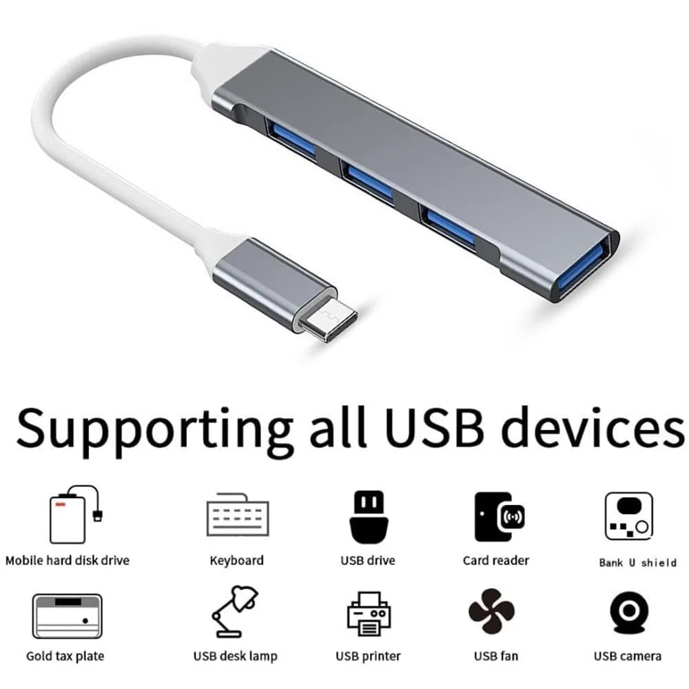 4-Port USB to USB-C Hub Adapter – Type-C Output, High-Speed Splitter