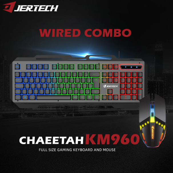 JERTECH Cheetah Full Size Gaming Keyboard + Mouse – RGB Wired Mechanical Feel Combo