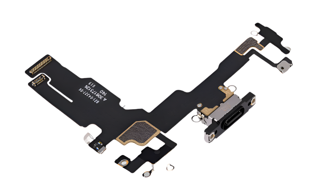 iPhone 15 Charging Port Flex Cable – Black OEM-Compatible USB-C Dock Connector with Microphone | Models A2848 A3090 A3093