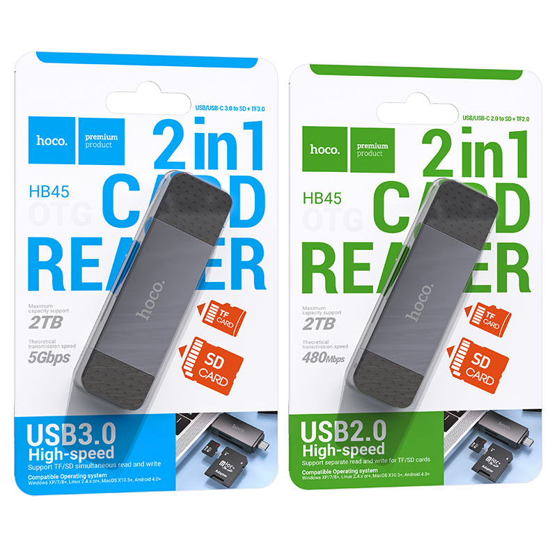 Hoco 2-in-1 Card Reader – USB 3.0 & USB-C Dual Interface Adapter for SD & MicroSD (TF) Cards, Compatible with Laptops, Tablets & Phones