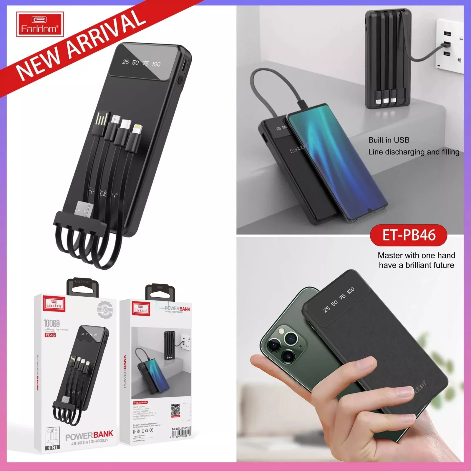 4-in-1 10000mAh Portable Power Bank – Built-in Lightning, USB-C, Micro USB Cables + Universal Adapter