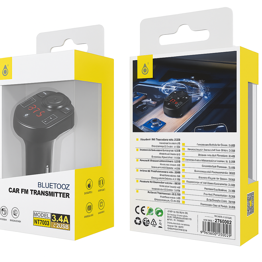 BTS FM Car Transmitter & Dual USB Charger – 3.1A Max, DC12–24V Input