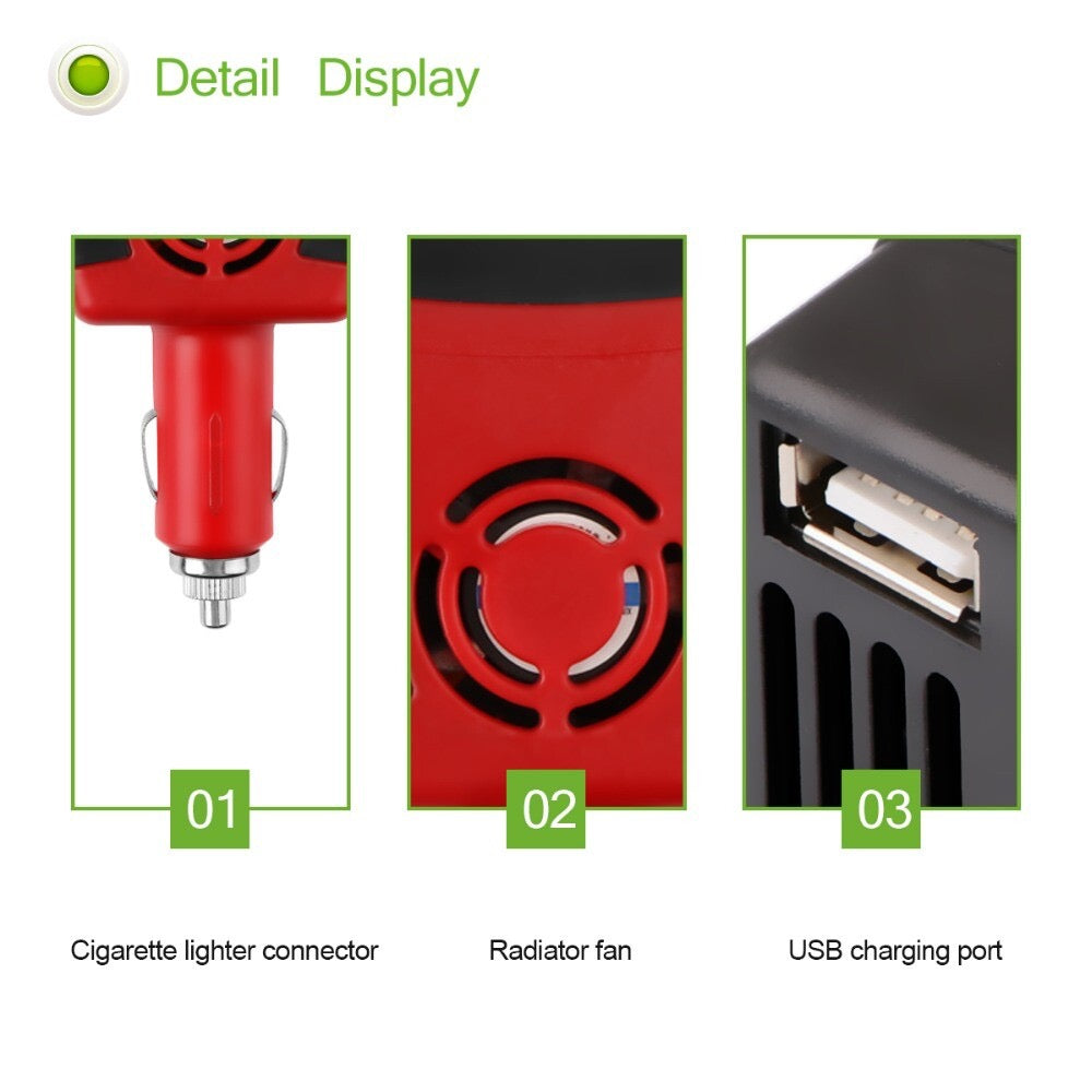 150W Car Power Inverter – 12V DC to 110V/220V AC + USB Output