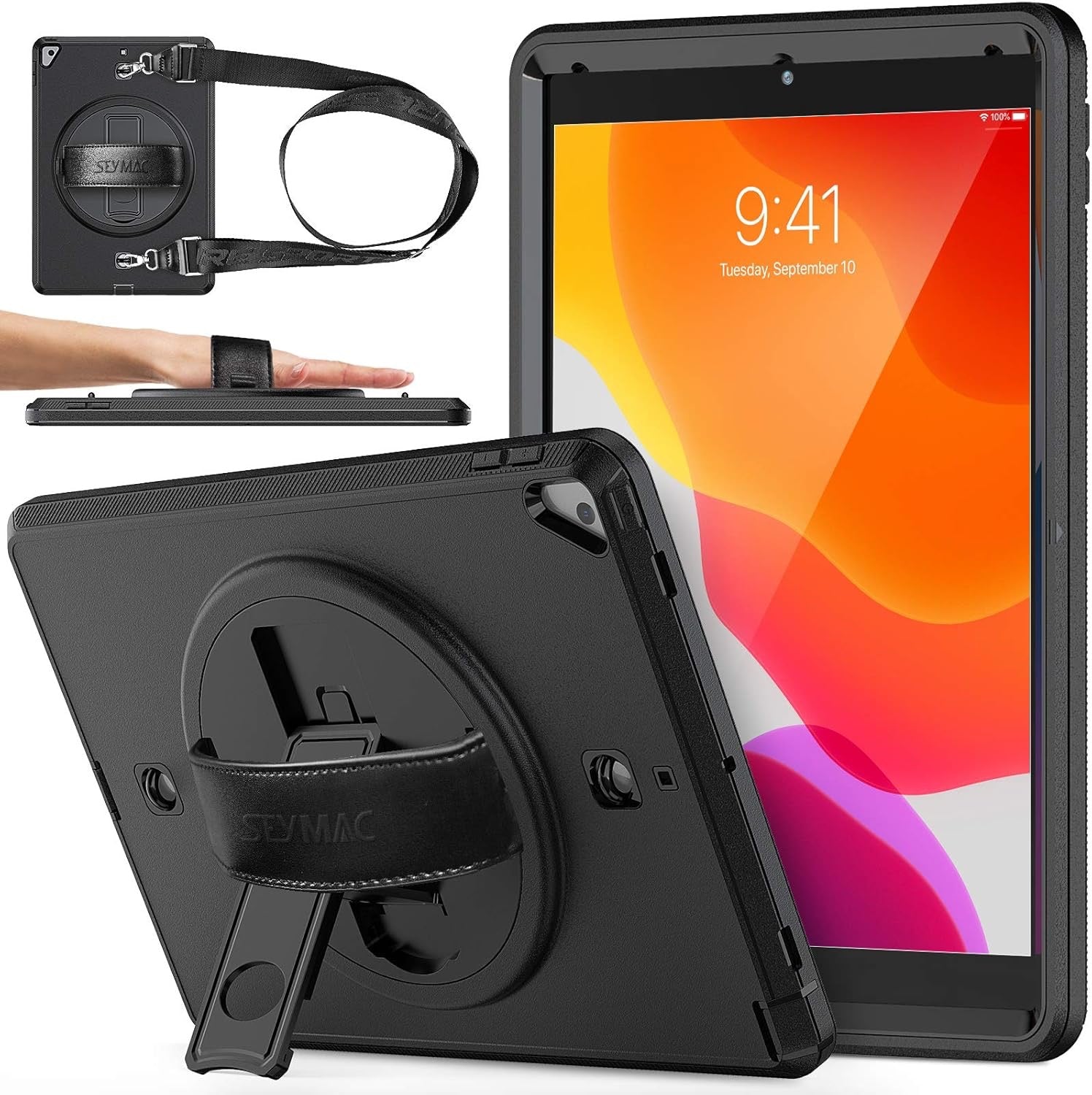 Rugged Case for iPad 9.7-inch with 360° Rotating Hand Strap, Kickstand, and Shoulder Strap