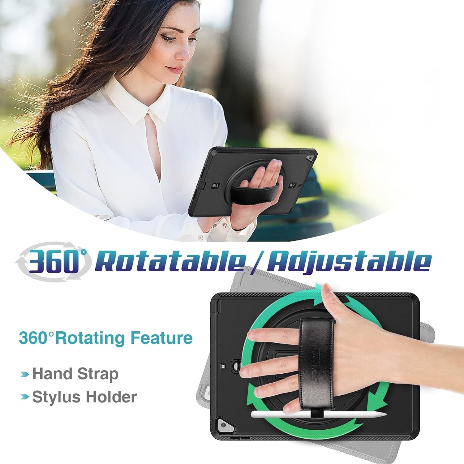 Rugged Case for iPad 9.7-inch with 360° Rotating Hand Strap, Kickstand, and Shoulder Strap