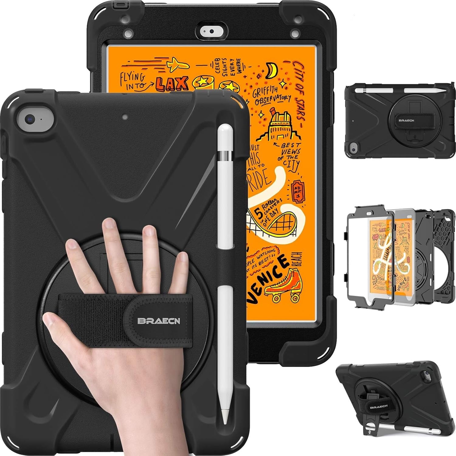 Rugged Case for iPad Mini 1 / 2 / 3 with Rotating Hand Strap and Kickstand – Full Protection