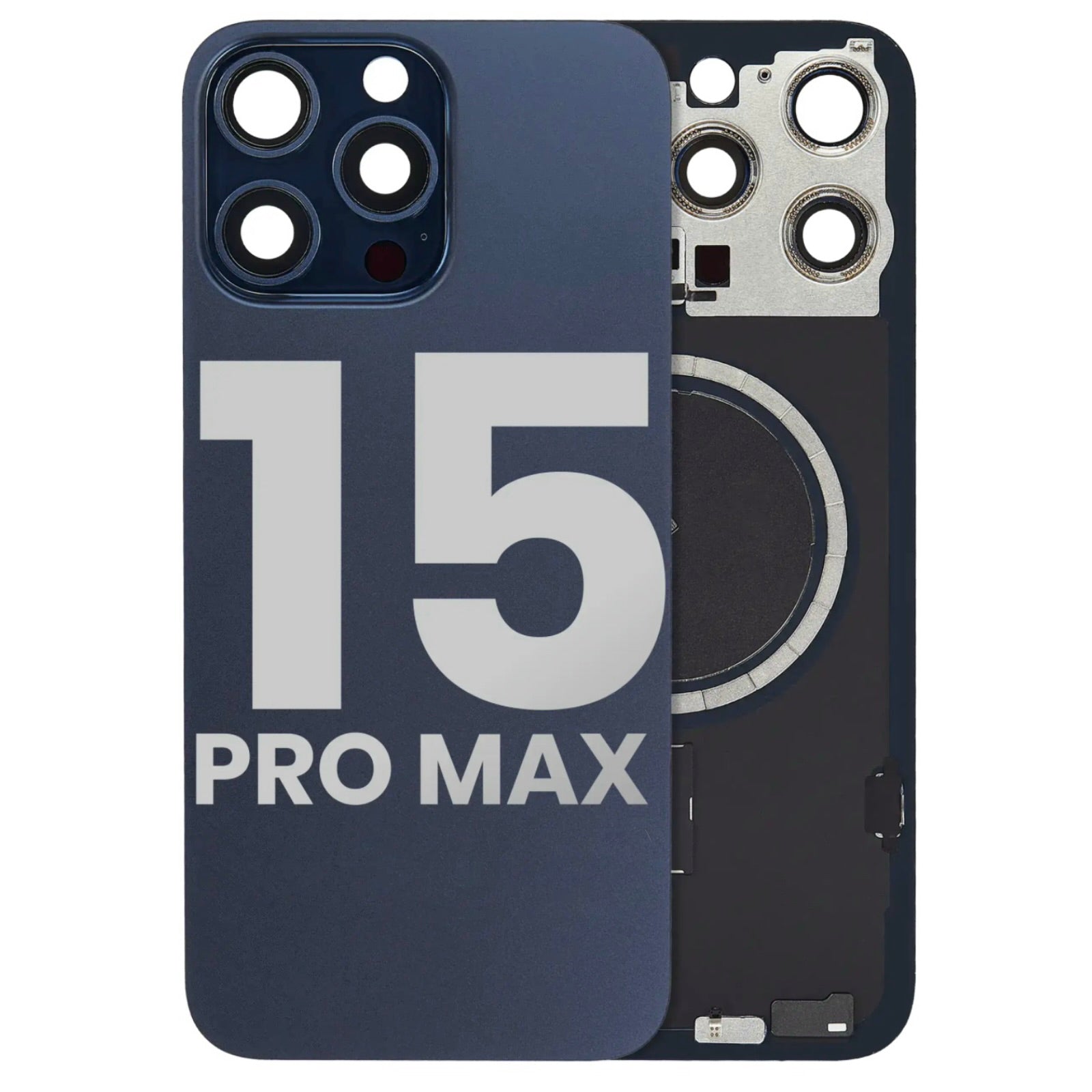 Magnetic Back Glass Housing with Steel Plate – Compatible with iPhone 15 Pro Max – Titanium Blue