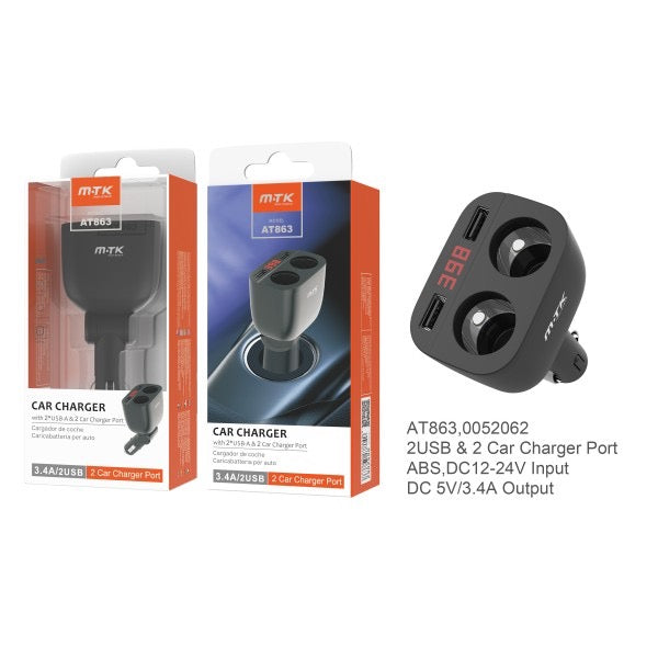 Dual USB & Dual Car Charger Adapter – 12-24V, 5V/3.4A Output, LED Display