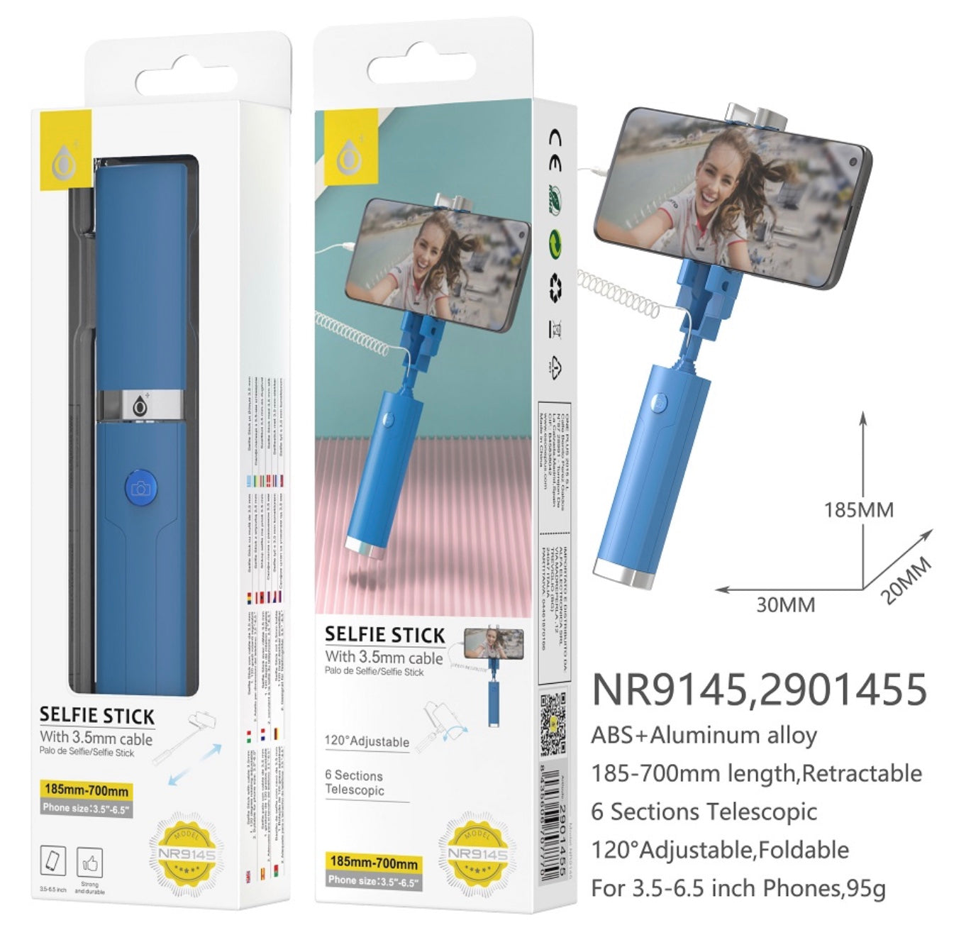 Wired Selfie Stick with 3.5mm Cable – 6-Section Telescopic, 700mm Max, 120° Adjustable