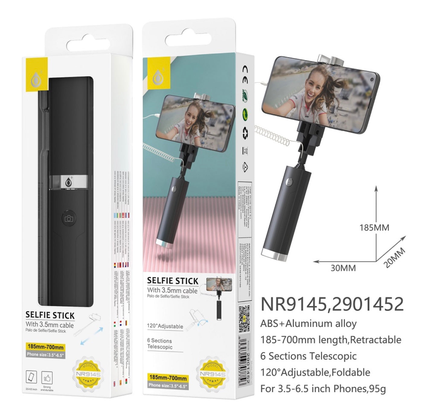 Wired Selfie Stick with 3.5mm Cable – 6-Section Telescopic, 700mm Max, 120° Adjustable